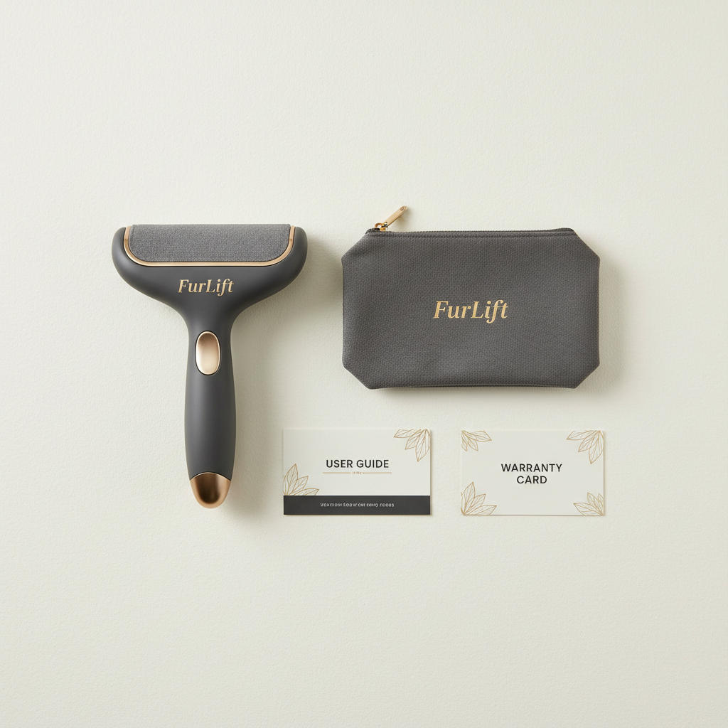 FurLift unboxing flat lay with travel pouch and accessories