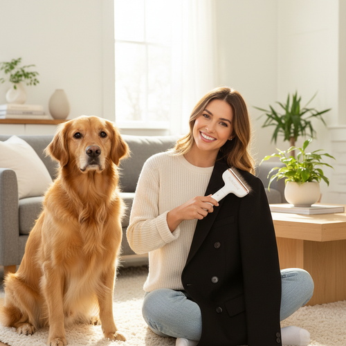 Woman using FurLift on black blazer with golden retriever