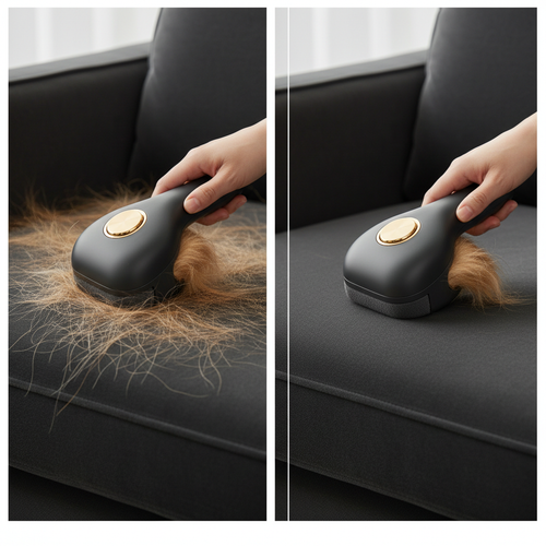 FurLift removing pet hair from velvet sofa - before and after